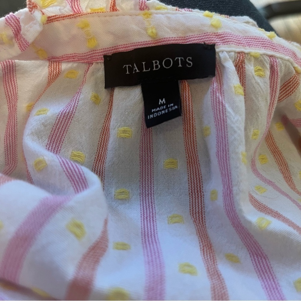 Talbots Sz M Pink Striped Jacquard Blouse Smocked Cuff Textured Swiss Dot Ruffle - Picture 8 of 9